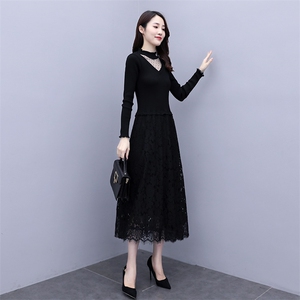 2023秋季长袖长裙蕾丝拼接纱网纯色通勤圆领淑女连衣裙，女装连衣裙，安之芮娜