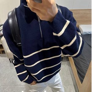 【有货】DZ27-P50加厚半拉链条纹毛衣男士秋冬慵懒宽松针织衫男图片