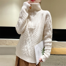 重磅加厚半开领100%纯羊毛衫女高领绞花针织衫毛衣宽松羊绒打底衫，女装羊毛衫，邦太羊绒