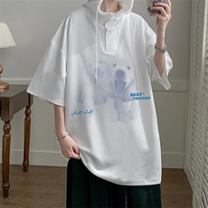LD54455-P45连帽短袖t恤男大码胖子带帽五分袖中袖，男装T恤，电商A040