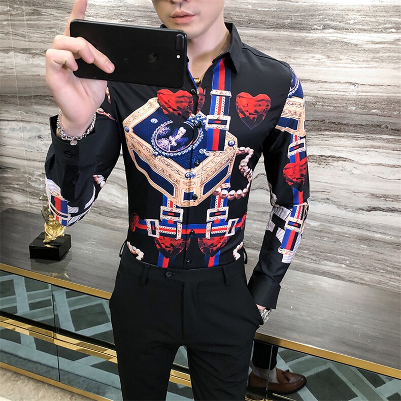2021春秋男衬衫英伦长袖上衣印花男装韩版修身四季潮流衬衣H632-P55图片