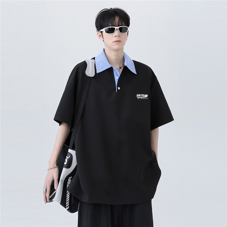 日系复古撞色拼接假两件潮牌痞帅街头印花半袖POLO衫T603-P48,男装Polo衫,电商C307