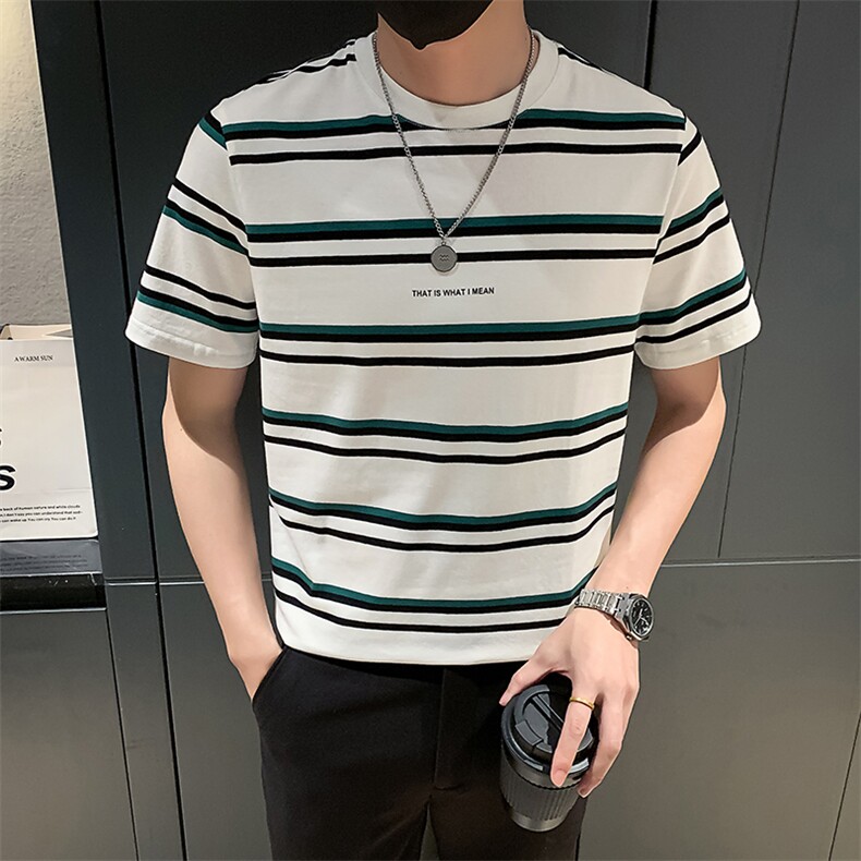 白色2023精神小伙修身男士圆领条纹短袖T恤打底衫潮T096-P48控68，男装T恤，电商A108