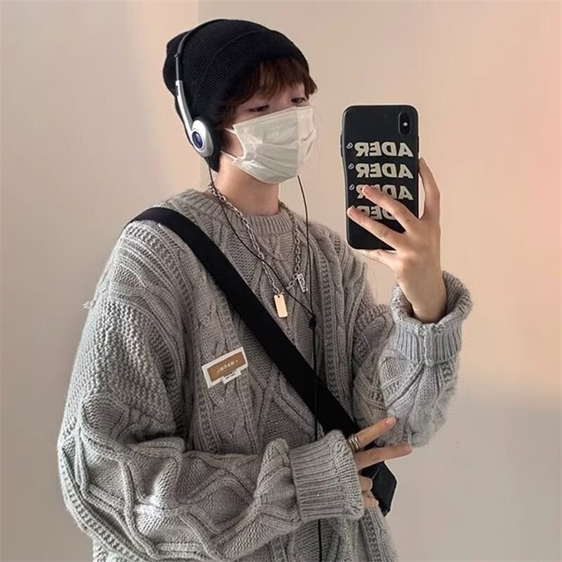 797-P48日系麻花长袖毛衣男女款加厚宽松圆领线衣内搭ins潮,男装T恤,电商B323A