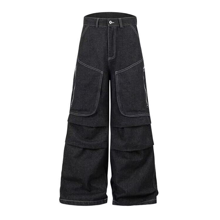 221-5/K2339/P55网图美式高街复古丹宁褶皱多口袋阔腿牛仔裤,男装牛仔裤,星座221-5