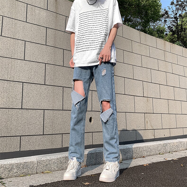 现货夏季大破洞九分牛仔裤修身浅蓝色乞丐裤子男K067-P35控58,男装牛仔裤,星座205