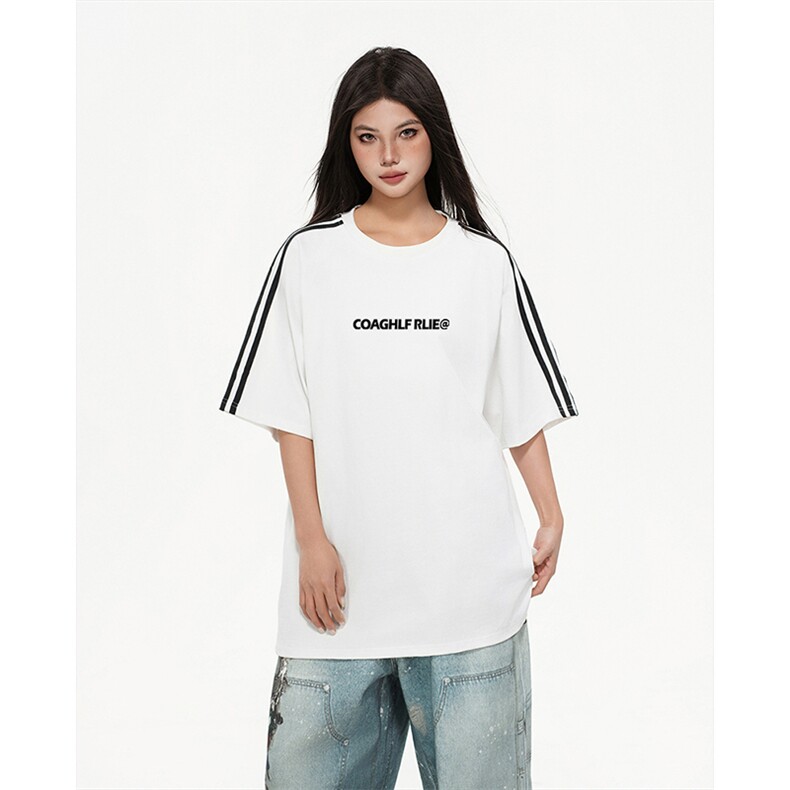 抖音得物高品质二开240克宽松纯棉美式潮牌三条杠织带短袖T恤，男装T恤，电商A486-1