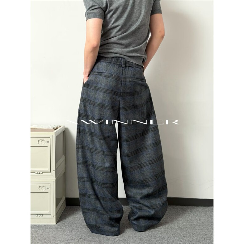 W10883-P75网图现货美式复古格子裤直筒宽松潮牌垂感阔腿休闲裤,男装休闲裤,星座1608