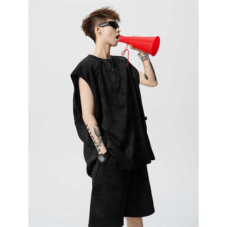 TZ783-特P50控88夏季T恤半拉链扎染冰感冰丝大码无袖短裤套装，男装休闲套装，电商A059