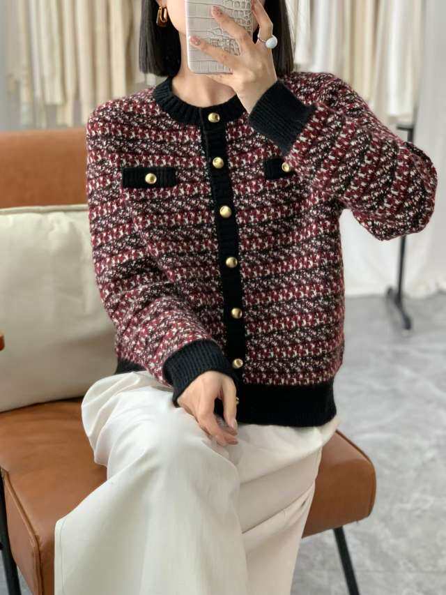 气质小香风提花圆领开衫女早春新款设计感，女装针织衫/毛衣，晨旭羊绒