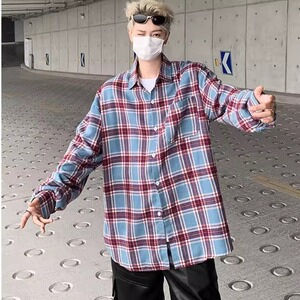 春季大码300斤潮牌格子长袖衬衫男士覆古休闲拼色宽松衬衣薄外套图片