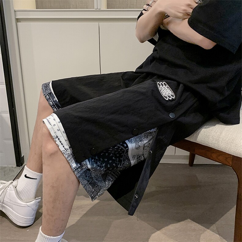 腰果花短裤男夏季嘻哈假两件排扣5六分裤高街ins潮中裤DK886-P28，男装休闲裤，星座308B-2