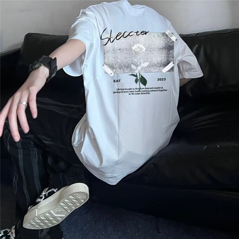 玫瑰印花短袖T恤男款夏季美式复古高街痞帅个性小众体恤宽松半袖,男装T恤,星座1116A（原606A-3）