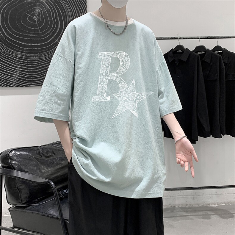 YT26328-P30亚麻短袖t恤男大码五分袖男宽松七分袖大皂风模特,男装T恤,电商A040