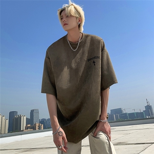 新款重磅美式麂皮绒烧花短袖T恤大码M~5XL XZ604-DT308-P45控58图片