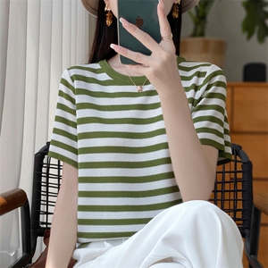 2024夏季新款条纹冰丝针织衫女短袖宽松薄款圆领套头百搭显瘦上衣图片