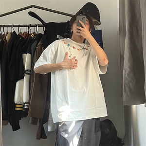 万针全刺绣工艺抖音得物高品质260克重磅纯棉双纱美式高街短袖T恤图片