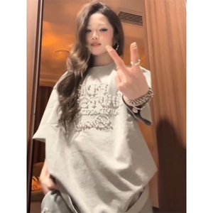H0547-P40钉珠 纯棉+螺纹领+包边拉肩短袖t恤女图片