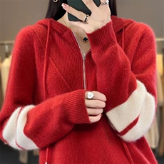 连帽衫女元宝针半拉链拼色卫衣宽松休闲羊毛针织打底衫，女装针织衫/毛衣，萱芳婷羊绒