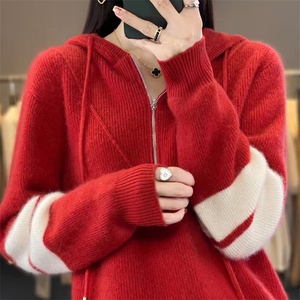 连帽衫女元宝针半拉链拼色卫衣宽松休闲羊毛针织打底衫图片