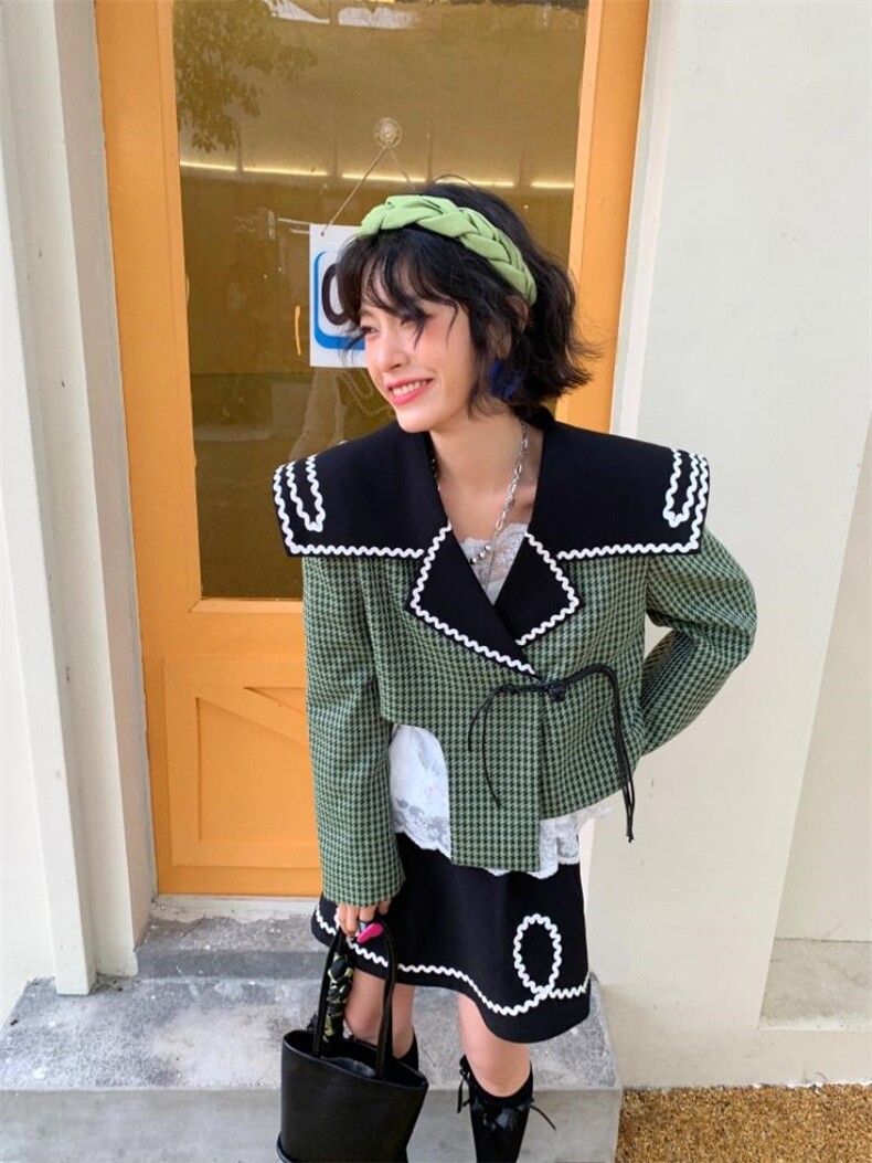 大翻领绿格纹套装，女装职业装，YOUER DENG