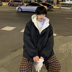wassuphappy羊羔绒棉服男冬季日系复古连帽加绒加厚宽松棉衣外套，男装棉衣，电商A169