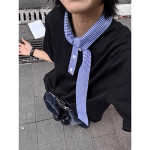 cleanfit小众撞色格子飘带翻领t恤男款夏季法式翻领短袖POLO衫潮图片