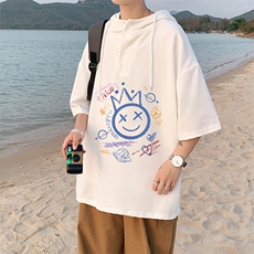 LD54180-P45连帽短袖t恤男大码胖子带帽五分袖中袖，男装T恤，电商A040
