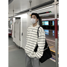 日系黑白条纹简约通勤针织衫男圆领宽松毛衣长袖上衣男MU18，男装针织衫/毛衣，星座1116A（原606A-3）