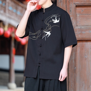 风 现货夏季男士中式立领刺绣盘扣短袖衬衫T2520-P65控89图片