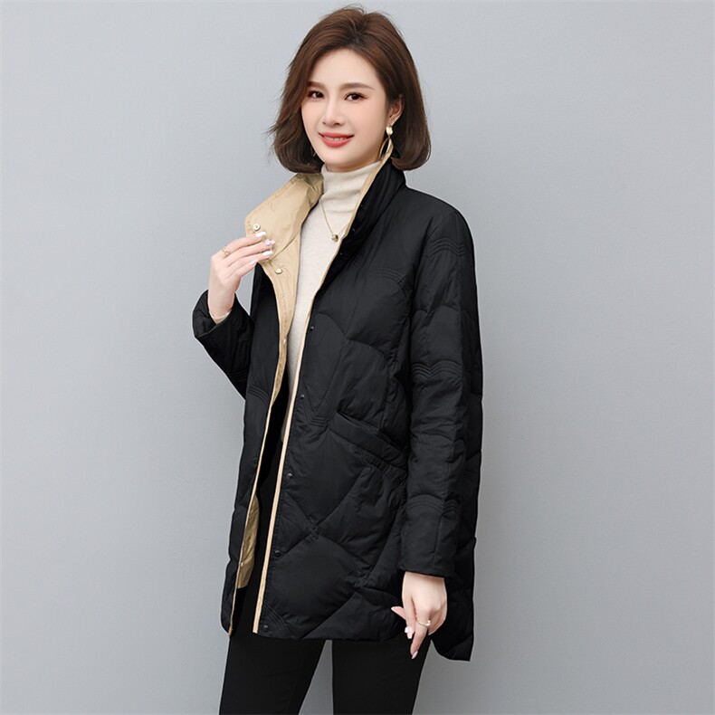 时尚中长款祥云设计羽绒服修身显瘦撞色门襟外套,女装羽绒服,衣之秀