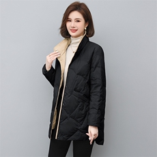 时尚中长款祥云设计羽绒服修身显瘦撞色门襟外套，女装羽绒服，衣之秀