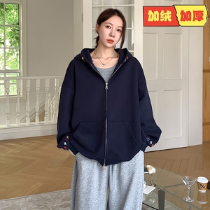韩版宽松休闲连帽加绒卫衣外套女秋冬重磅痞帅简约纯色双拉链开衫图片