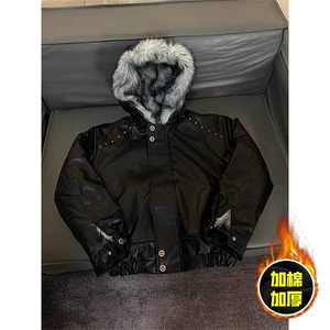 现货冬季美式潮牌痞帅PU皮机车服棉衣毛毛绒狼王座山雕皮棉服图片