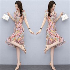 2021年夏季新款雪纺连衣裙长款印花连衣裙，女装连衣裙，欣贝拉