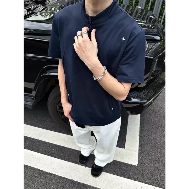 男装极简星标系列户外速干防晒凉感半拉链剪裁拼接短袖T恤男，男装防晒衣，星座506A