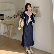 甜美蕾丝牛仔半身裙套装女夏2025新款宽松显瘦独特漂亮百搭两件套，女装套装/套裙，2C012