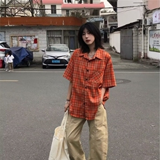 美式潮牌复古橙色格纹短袖衬衫宽松百搭休闲情侣慵懒衬衣，男装T恤，星座1210-1