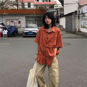 美式潮牌复古橙色格纹短袖衬衫宽松百搭休闲情侣慵懒衬衣图片