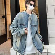 美式高街牛仔外套男春秋水洗做旧复古潮牌宽松拉链夹克痞帅机车服，男装工装外套，星座410-6（原星座1304-1）