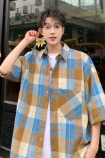 短袖衬衫男夏季新款磨毛格子衬衣DX003-特批26无差价，男装衬衫，星座214-3