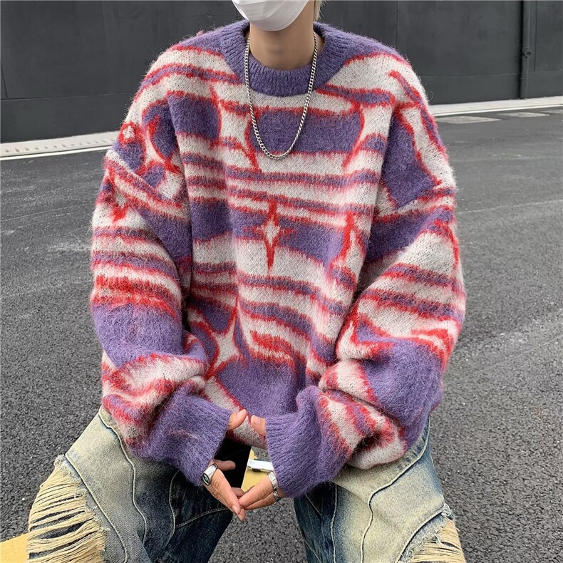 复古圆领毛衣慵懒风套头撞色针织衫潮9775P45,男装针织衫/毛衣,星座410-2