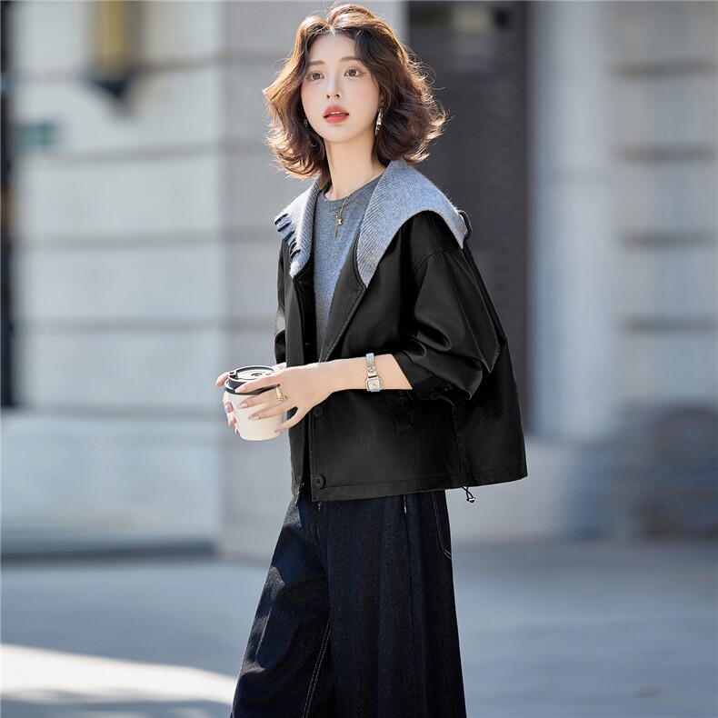 设计感针织披肩领拼接皮衣外套女2025秋季新款超好看pu皮夹克上衣,女装皮衣,臻衣坊