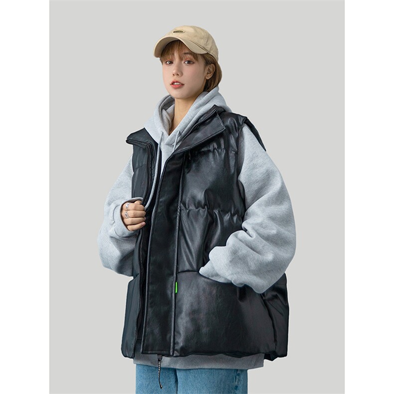美式复古PU皮马甲棉服男女冬季潮牌宽松加厚立领坎肩外套HY22P85,男装棉衣,电商A102B