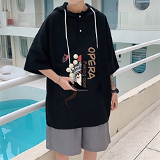 LD54161-P45连帽短袖t恤男大码胖子带帽五分袖中袖，男装T恤，电商A040