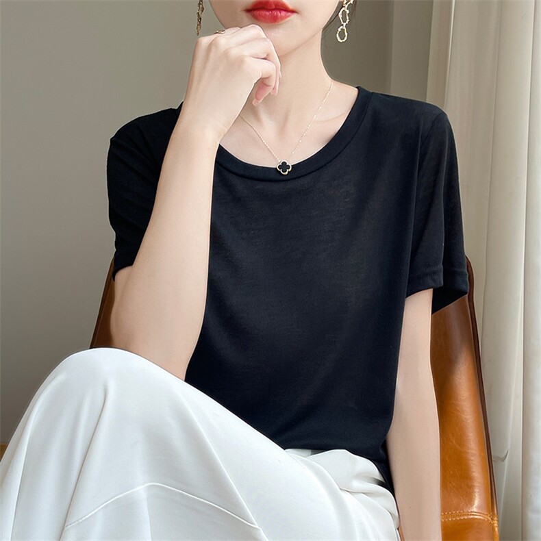 复古扎染印花短袖女t恤夏2025新款宽松显瘦薄款设计感桑蚕丝上衣,女装T恤,暖圣羊羊绒