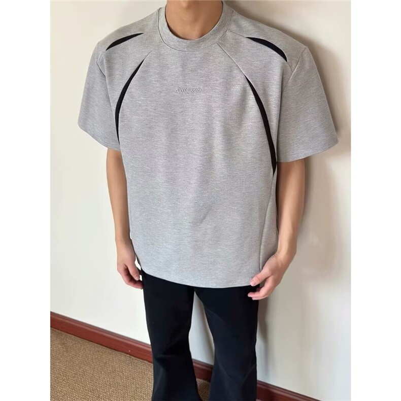 欧美炸街机车风撞色拼接cleanfit短袖男女夏季痞帅复古简约T恤潮,男装T恤,星座1210-1