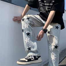 新款hiphop炸街裤子高街美式vibe星星破洞牛仔裤直筒裤80311-p52，男装牛仔裤，星座1008-2
