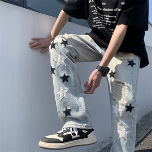 新款hiphop炸街裤子高街美式vibe星星破洞牛仔裤直筒裤80311-p52图片