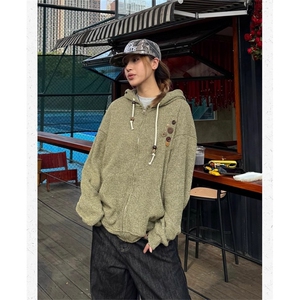美式复古设计感针织连帽外套男女小众早春慵懒卫衣开衫潮牌图片